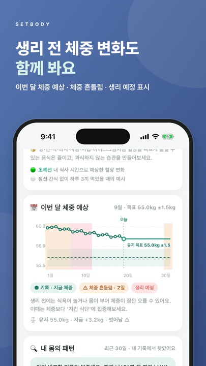 생리 전 체중 변화와 이번 달 체중 예상 화면