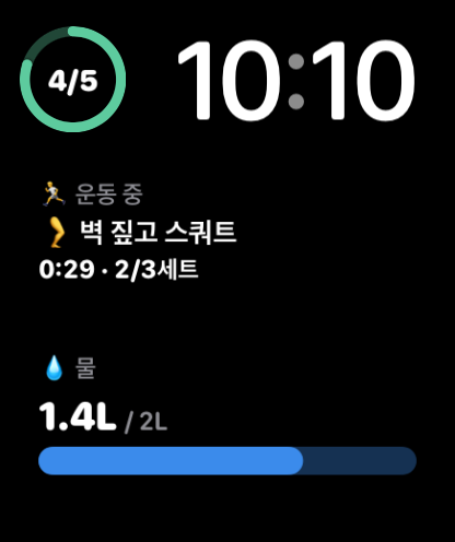 애플워치 시계 화면 컴플리케이션 — 지킨 식단 4/5, 운동 중, 물 1.4L